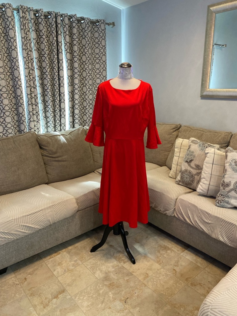 New Women 3XL Red bell-sleeve midi dress with a scoop neckline and flared